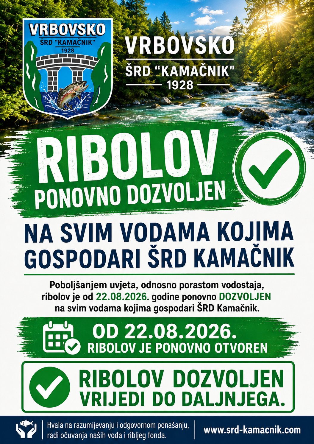 Ribolov ponovno dozvoljen - službena obavijest ŠRD Kamačnik