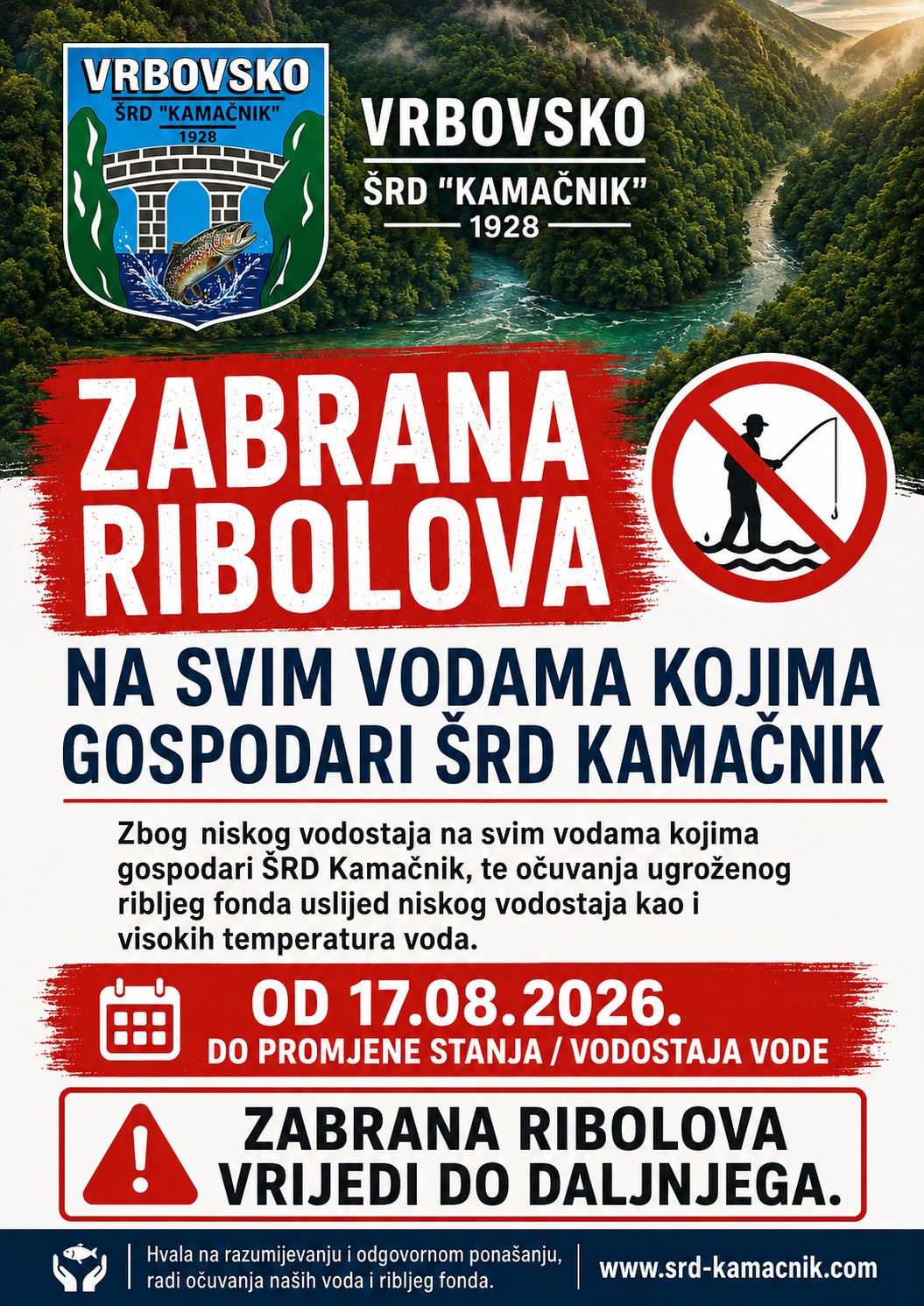Zabrana ribolova - službena obavijest ŠRD Kamačnik